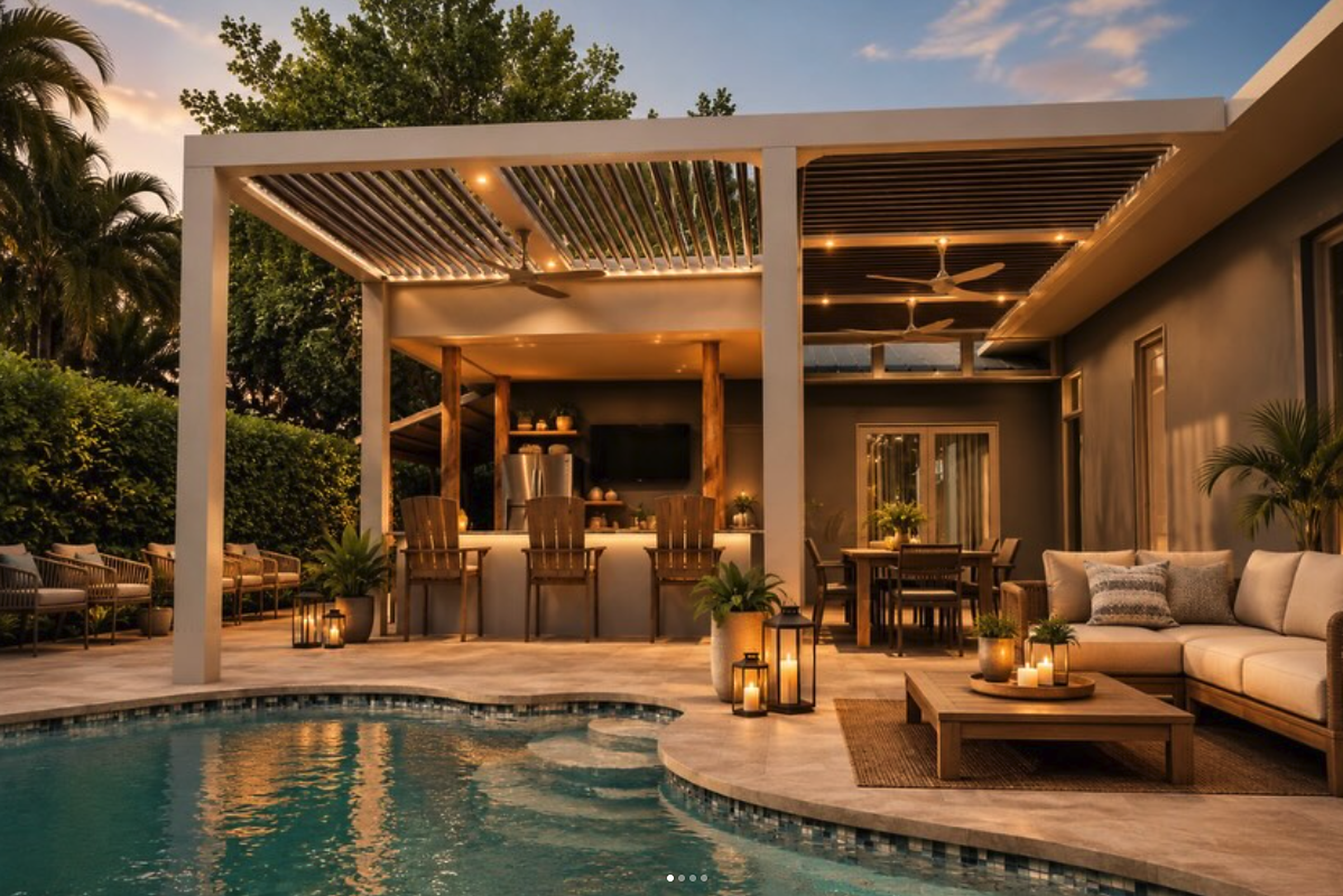 After — cabana, pergola, kitchen, landscape at dusk